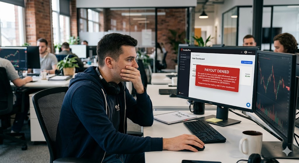 FunderPro payout-denial pattern explained — account-sharing flags and IP overlap