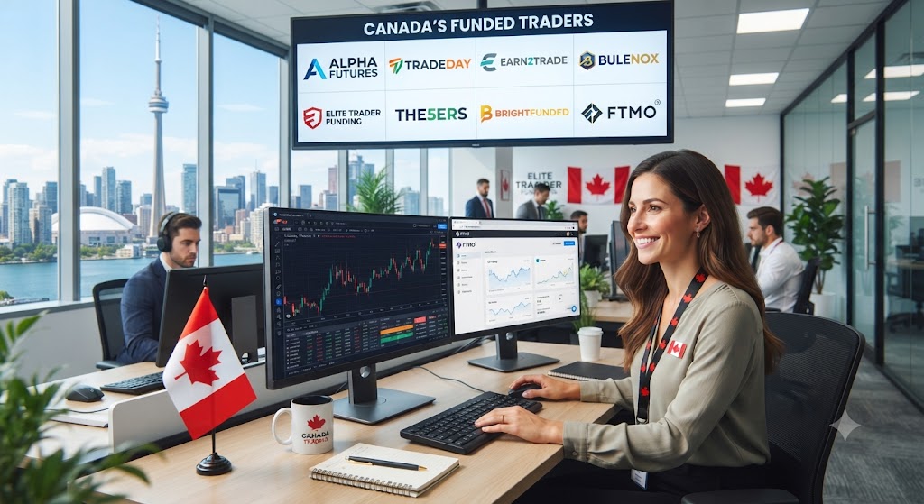 Canadian trader at a desk with a Canada flag and Toronto skyline, beside a screen listing top prop firms for Canada
