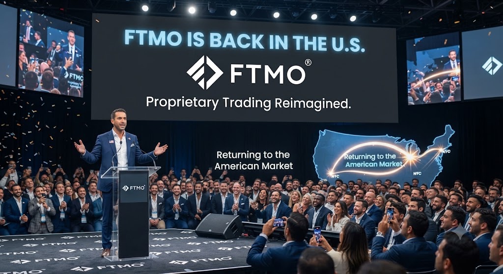 FTMO 2026 review — challenge pricing, trailing vs static drawdown, payout methods and Trustpilot score on a dark trading dashboard