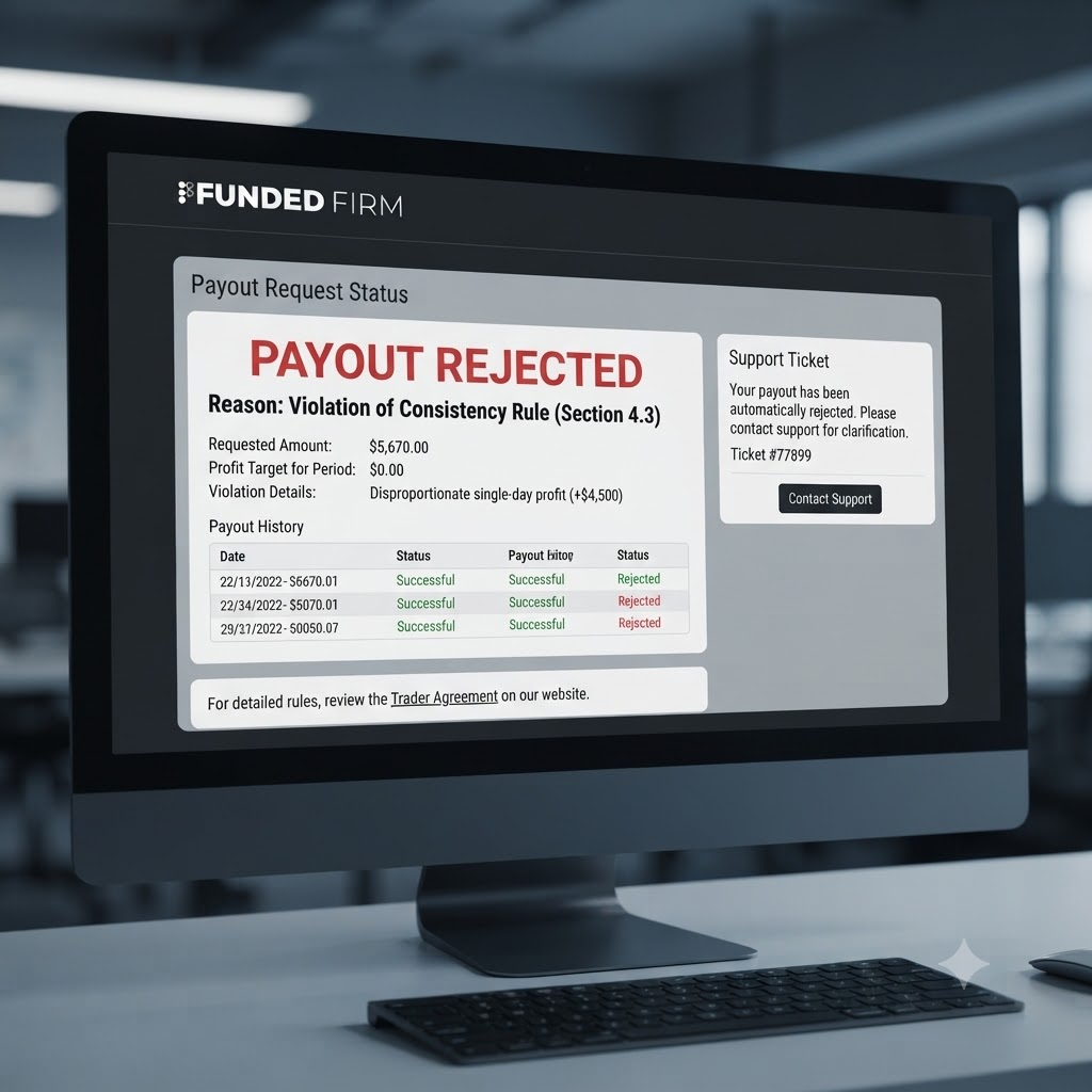 FundedFirm review 2026 — prop firm candlestick chart showing a stop-loss skipped by slippage into a drawdown breach