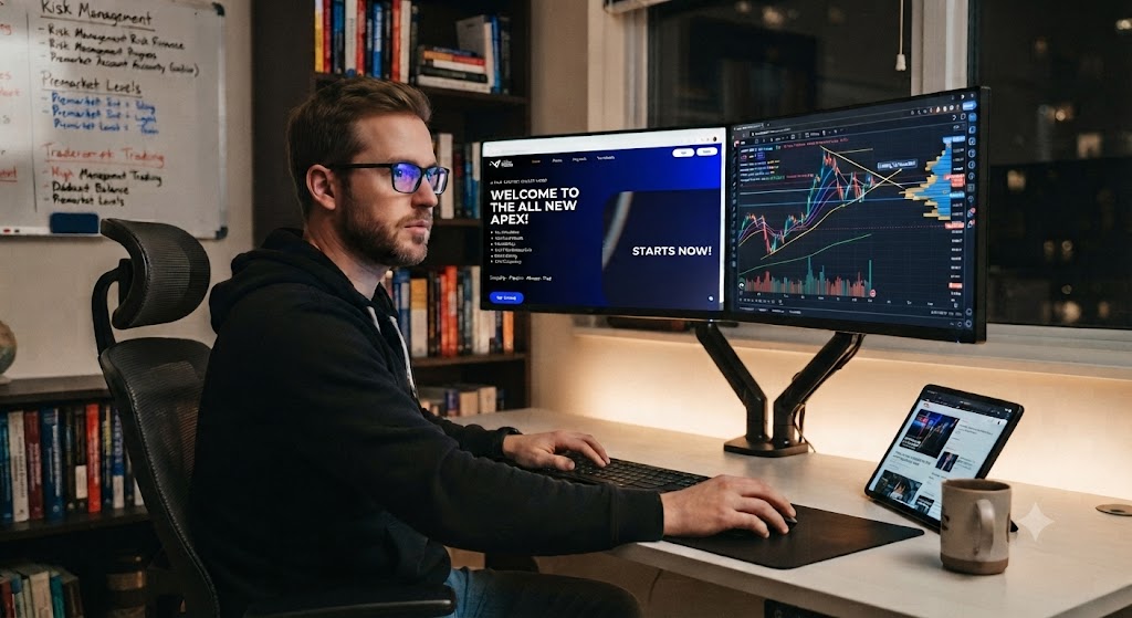 Apex Trader funding 2026 review — cost, payouts, Trustpilot score and 4.0 wdown rules on a dark dashboard