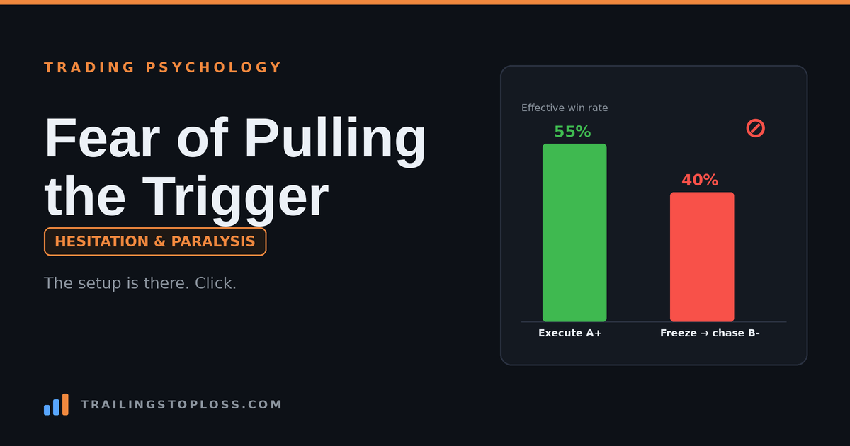 Bar chart showing effective win rate dropping from 55% to 40% when a trader freezes on A+ setups and chases B-minus trades instead