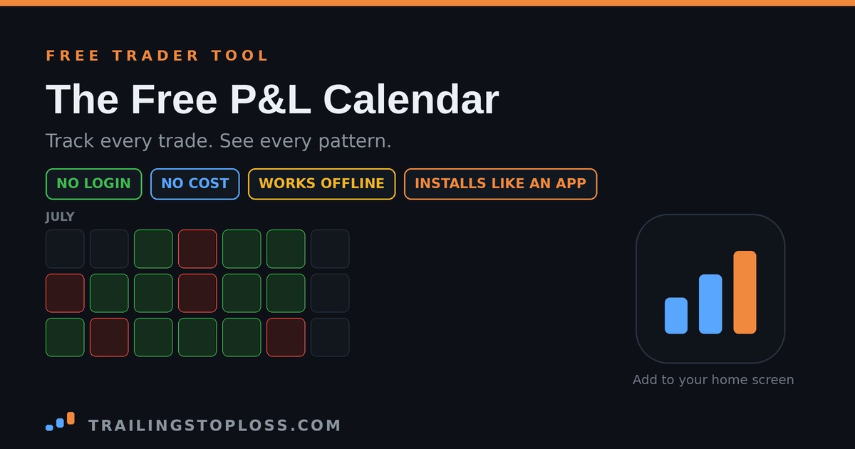 Free P&L Calendar showing a month of green and red trading days with an install-as-app icon