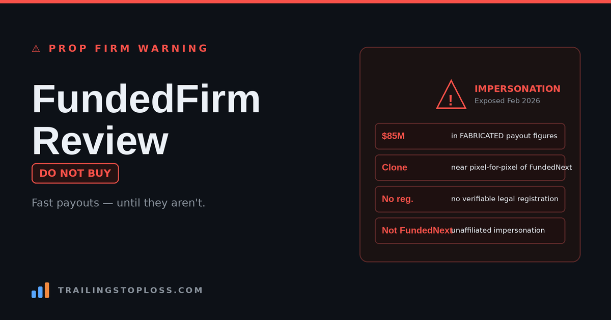 FundedFirm warning card flagging an impersonation scam — fabricated 85 million dollar payout figures, a cloned FundedNext website, and no legal registration