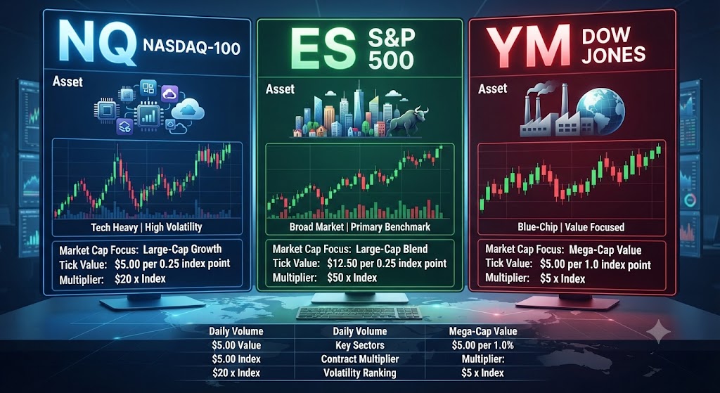 Comparison of NQ, ES and YM E-mini index futures showing tick values, volatility and daily dollar range