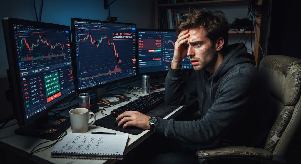 Revenge trading spiral showing a small planned loss escalating into a blown trading account