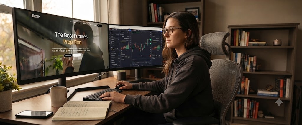Topstep 2026 review — Trading Combine pricing, EOD trailing drawdown and Trustpilot score on a dark trading dashboard