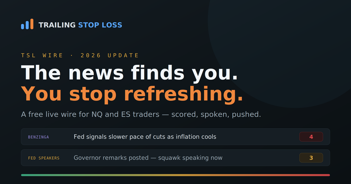 TSL Wire dashboard graphic showing scored news headlines from Benzinga and Federal Reserve feeds with impact ratings of 4 and 3